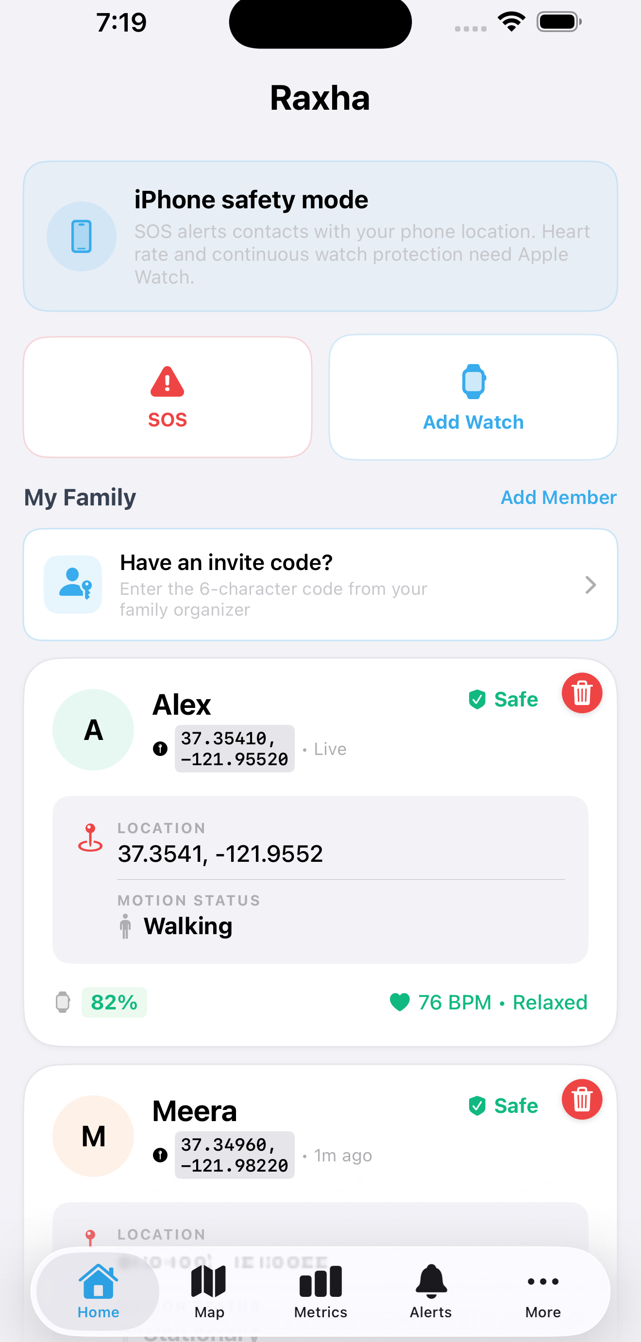 Raxha home dashboard with SOS and family status