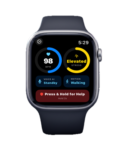 Apple Watch running Raxha with heart rate, stress, and Press and Hold for Help